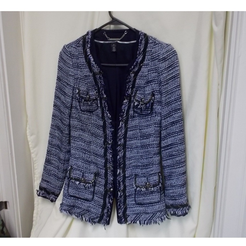 White House Black Market Blue Tweed Chain Trim Open Front Blazer Jacket 00